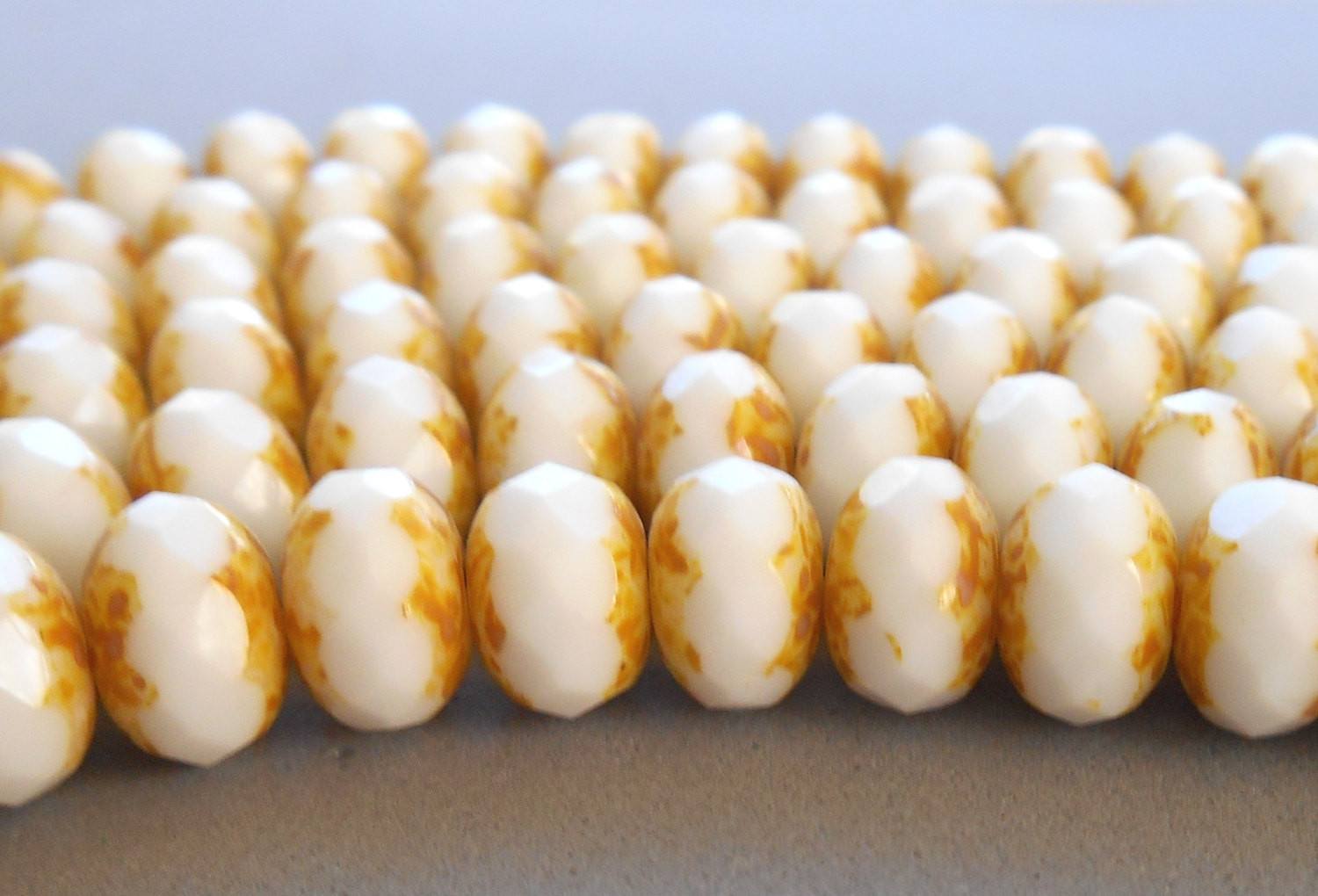 Lot of 25 6 x 9mm Czech glass White Picasso Faceted Puffy Rondelle Beads, C8001 - Glorious Glass Beads