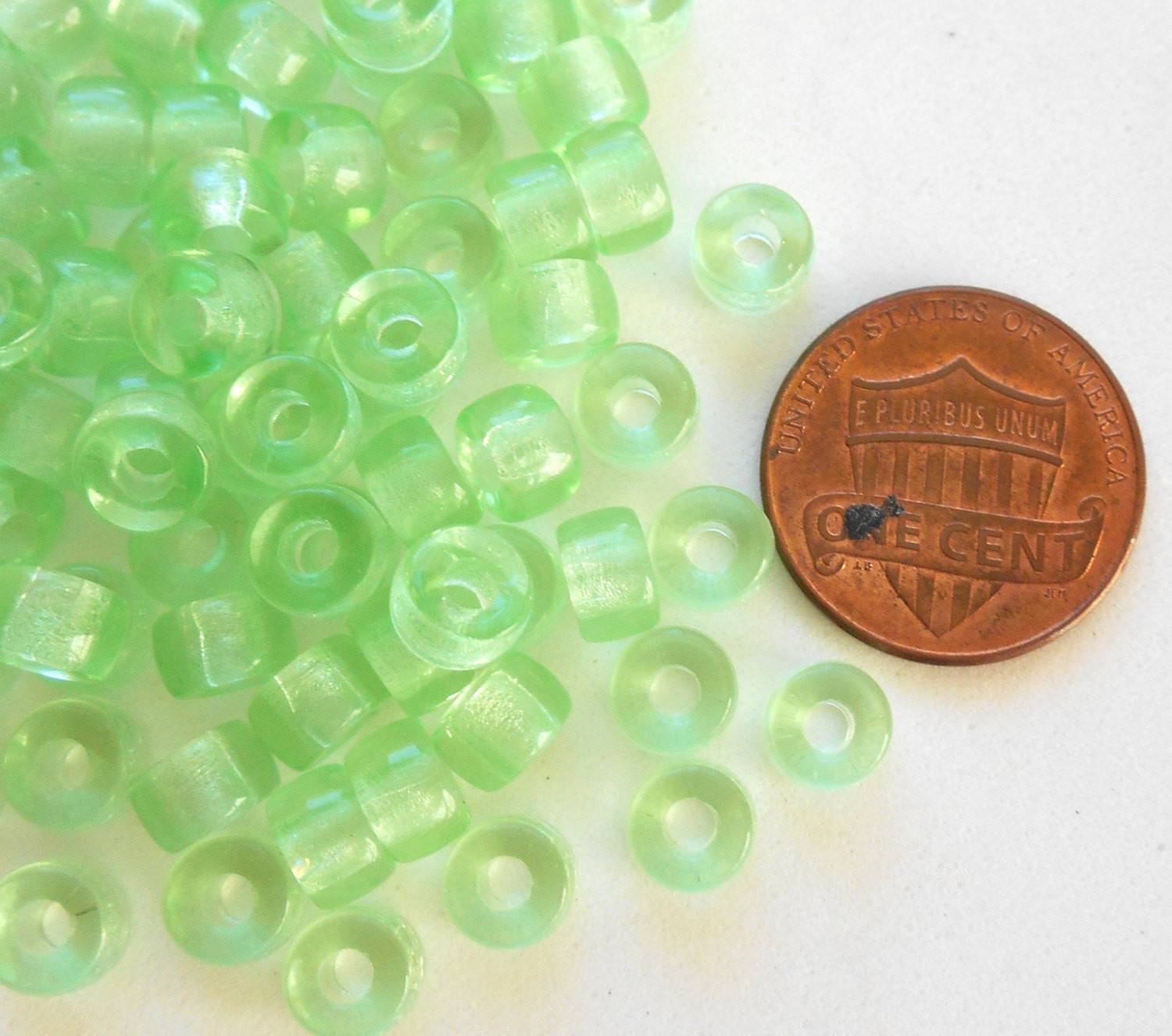 Fifty 6mm Czech clear mint green glass pony roller beads, large hole crow beads, C3350 - Glorious Glass Beads