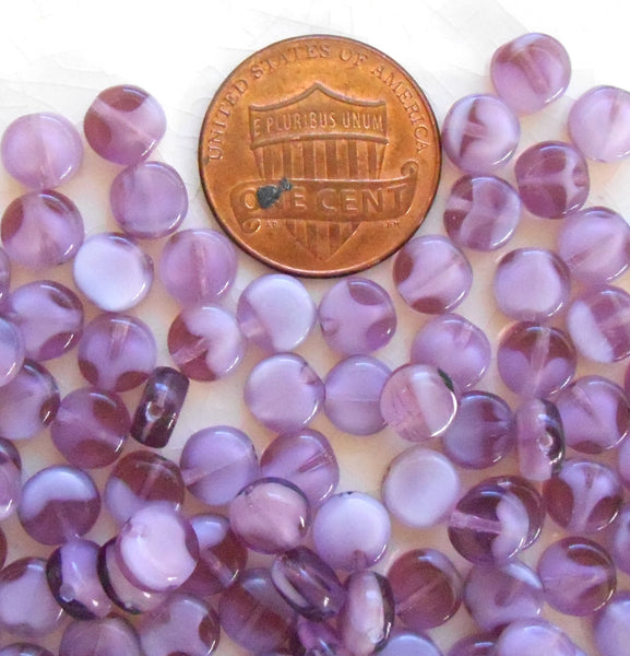 50 6mm Czech glass flat round milky amethyst beads, little purple white heart coin or disc beads C9450 - Glorious Glass Beads
