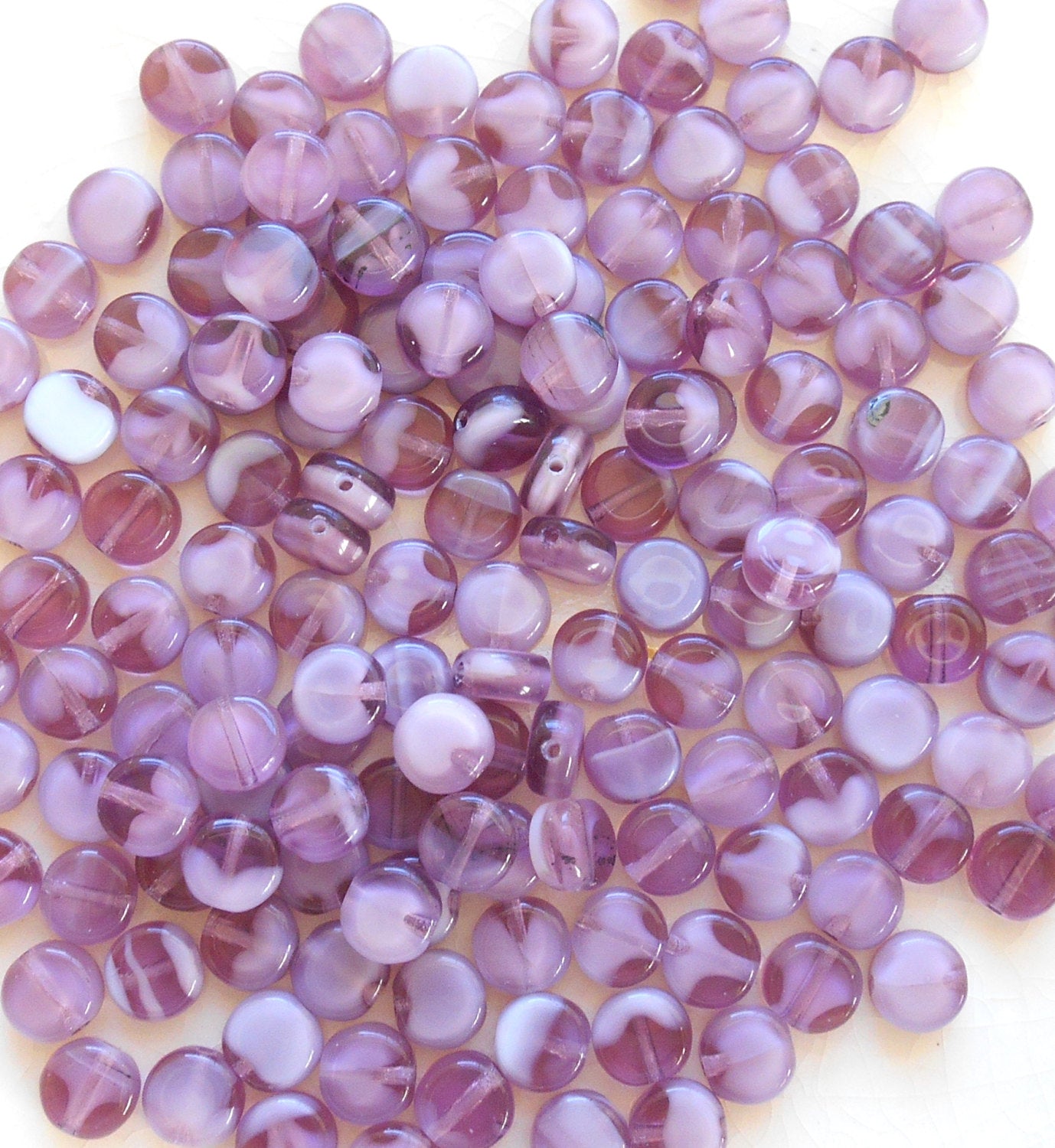 50 6mm Czech glass flat round milky amethyst beads, little purple white heart coin or disc beads C9450 - Glorious Glass Beads