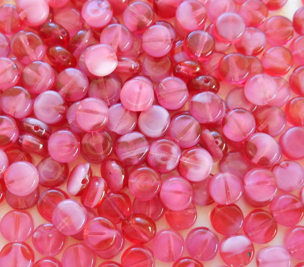 Fifty 6mm Czech glass flat little coin or disc beads, milky 50 6mm Czech glass flat round milky rasberry beads,  beads with white hearts, C9450