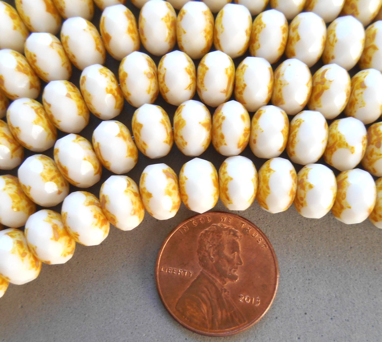 Lot of 25 6 x 9mm Czech glass White Picasso Faceted Puffy Rondelle Beads, C8001 - Glorious Glass Beads