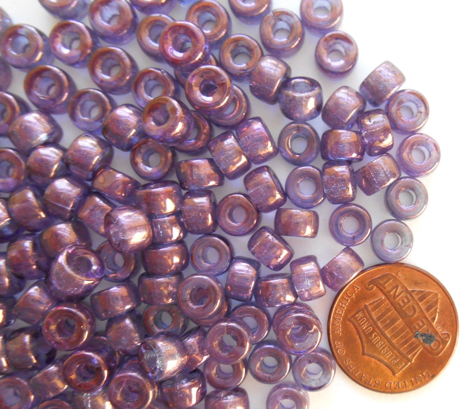 Fifty 6mm Czech glass Lumi Amethyst pony roller beads, large hole iridescent beads, C4350 - Glorious Glass Beads