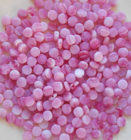 Fifty 6mm Czech glass flat coin or disc milky rose beads, pink and white swirls, C5750 - Glorious Glass Beads