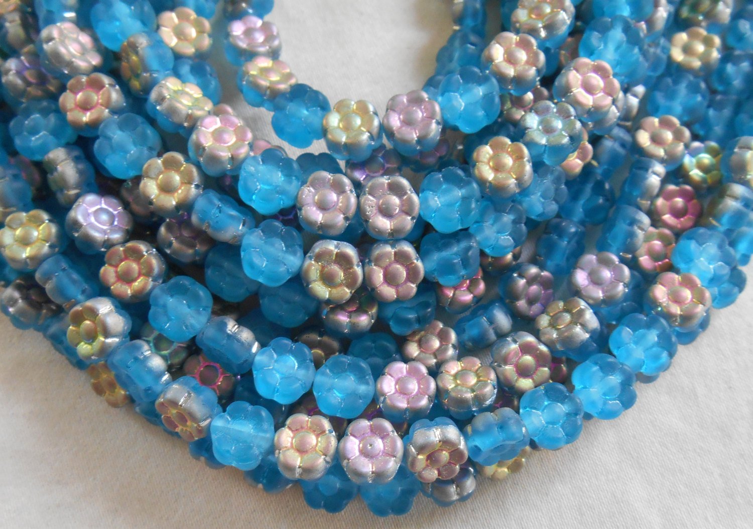 28 6mm Aqua Vitrial AB Czech glass flower beads, pressed glass flower beads, C4001 - Glorious Glass Beads