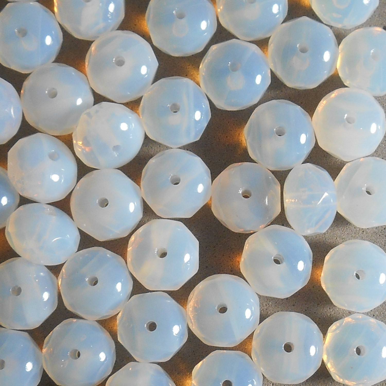 Lot of 25 6 x 9mm Czech glass Milky White, Opalite, faceted puffy rondelle beads, C0825 - Glorious Glass Beads
