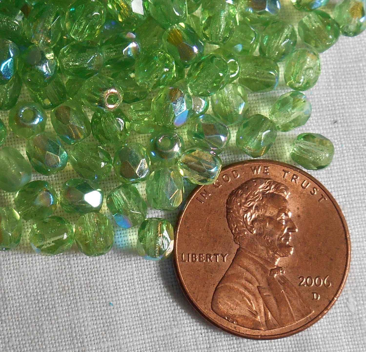 Fifty 4mm Czech Peridot Green AB Glass firepolished faceted round beads, C6350 - Glorious Glass Beads