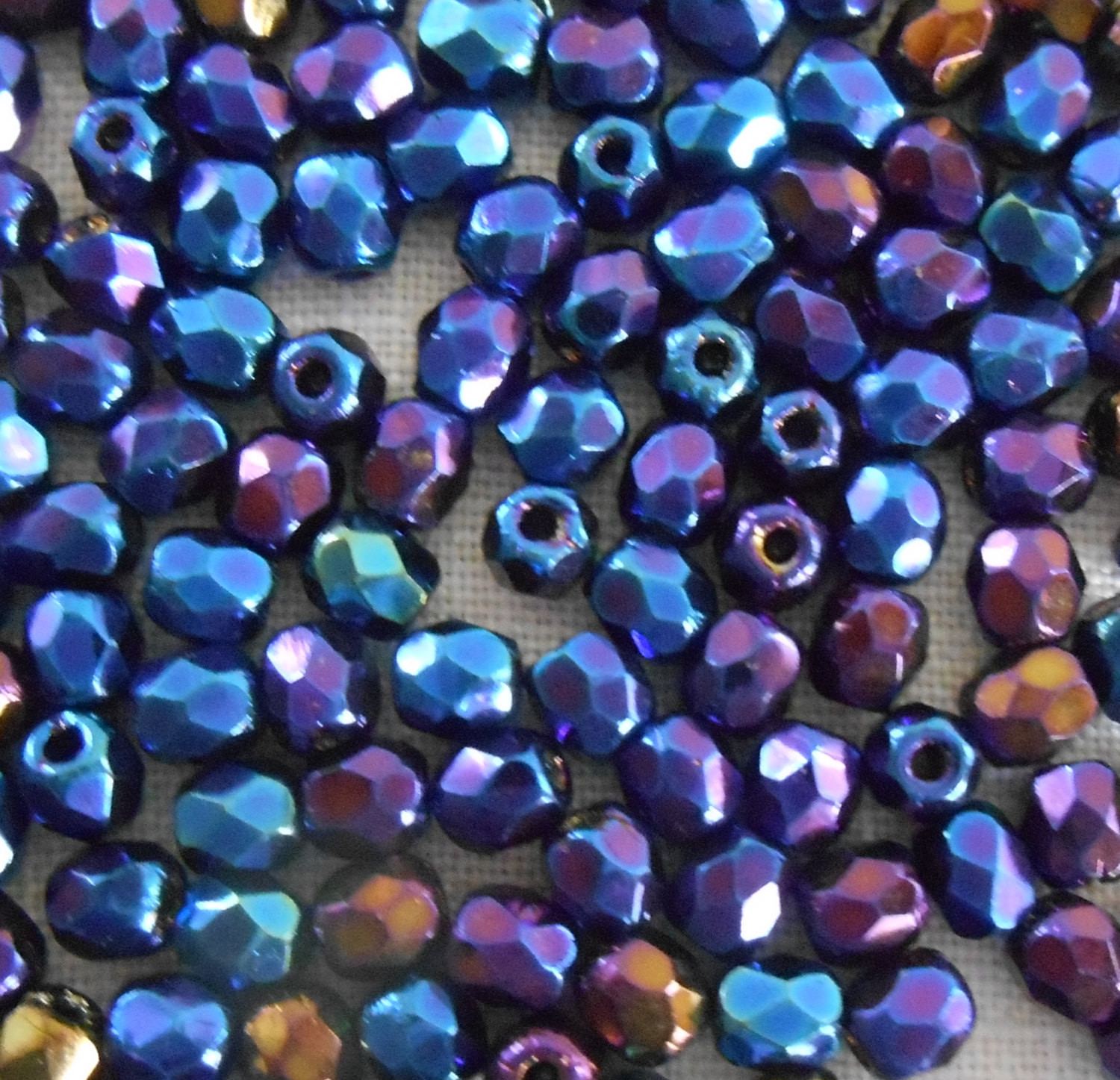 Fifty 3mm Czech Blue Iris glass firepolished round faceted beads, C8450 - Glorious Glass Beads