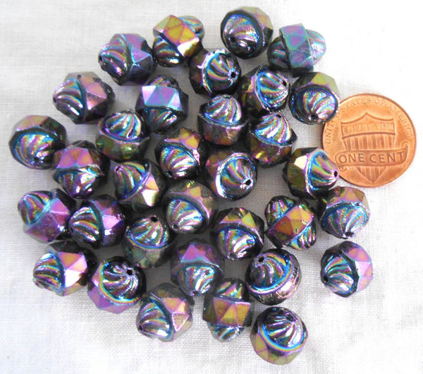 Ten Czech glass multicolored Purple iridescent Iris antique cut turbine, cathedral, saturn beads, 11 x 10mm, C5901 - Glorious Glass Beads
