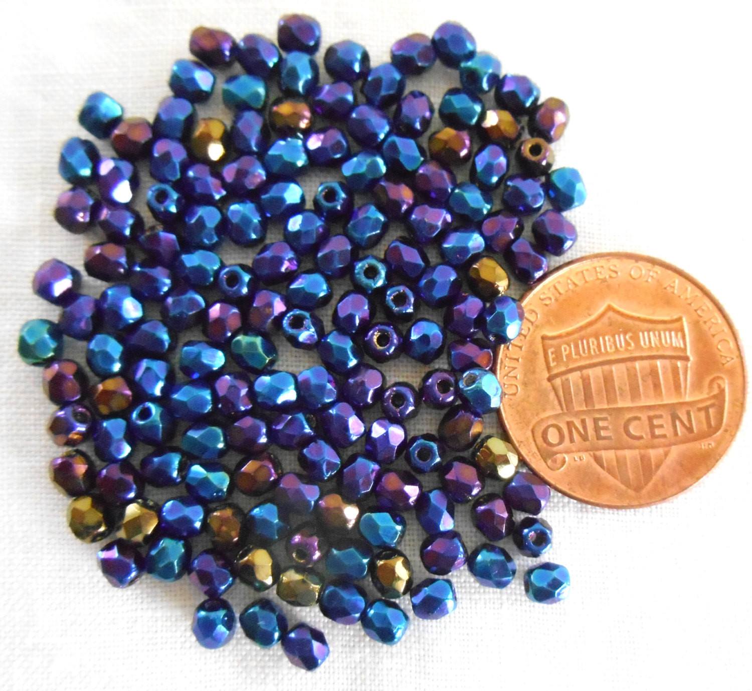 Fifty 3mm Czech Blue Iris glass firepolished round faceted beads, C8450 - Glorious Glass Beads