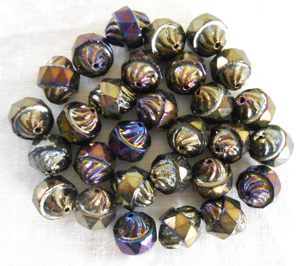 Ten Czech Brown multicolored iridescent glass Iris antique cut turbine, cathedral, saturn beads, 11 x 10mm, C8410