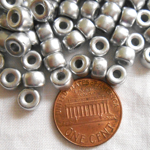 Fifty 6mm Czech Matte Metallic Silver pony roller beads, large hole glass crow beads, C6550 - Glorious Glass Beads
