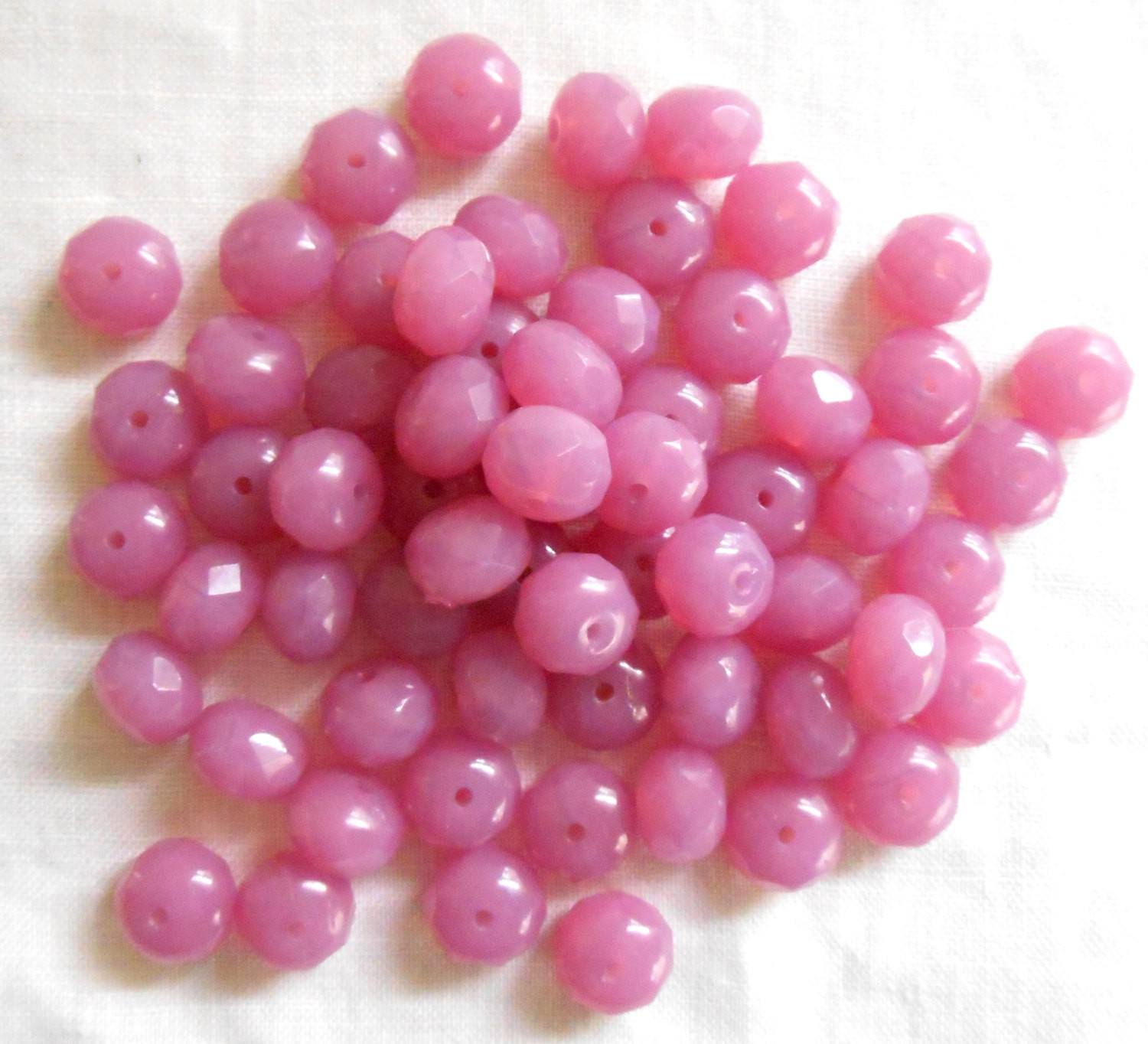 Lot of 25 6 x 9mm Czech glass Rose Opal faceted puffy rondelle beads, C3825 - Glorious Glass Beads