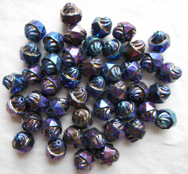 Ten Czech glass multicolored Blue iridescent Iris antique cut turbine, cathedral, saturn beads, 11 x 10mm, C5901