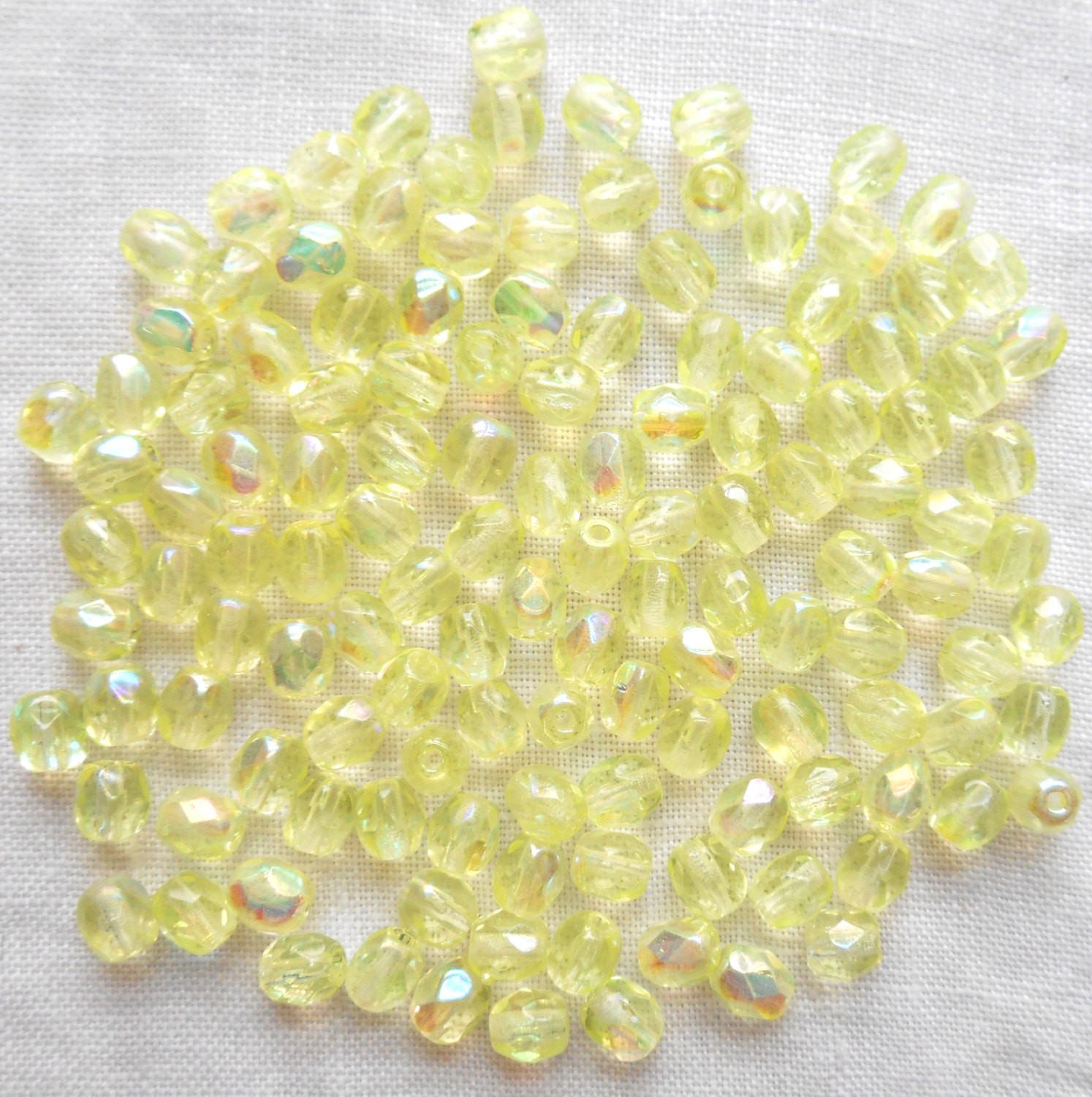 Fifty 4mm Czech glass Jonquil Yellow AB firepolished faceted round glass bead, C2750 - Glorious Glass Beads