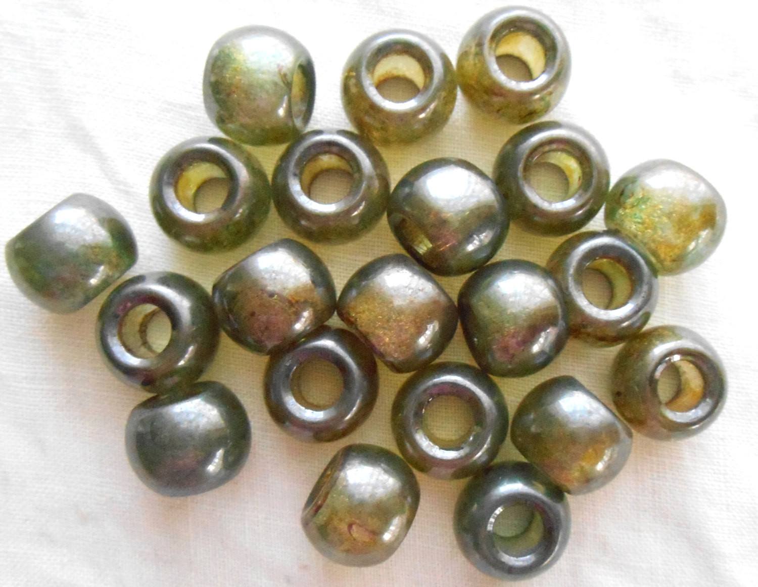 Six lumi Green 12mm rustic glass round beads, big 4.5mm holes, C8406 - Glorious Glass Beads