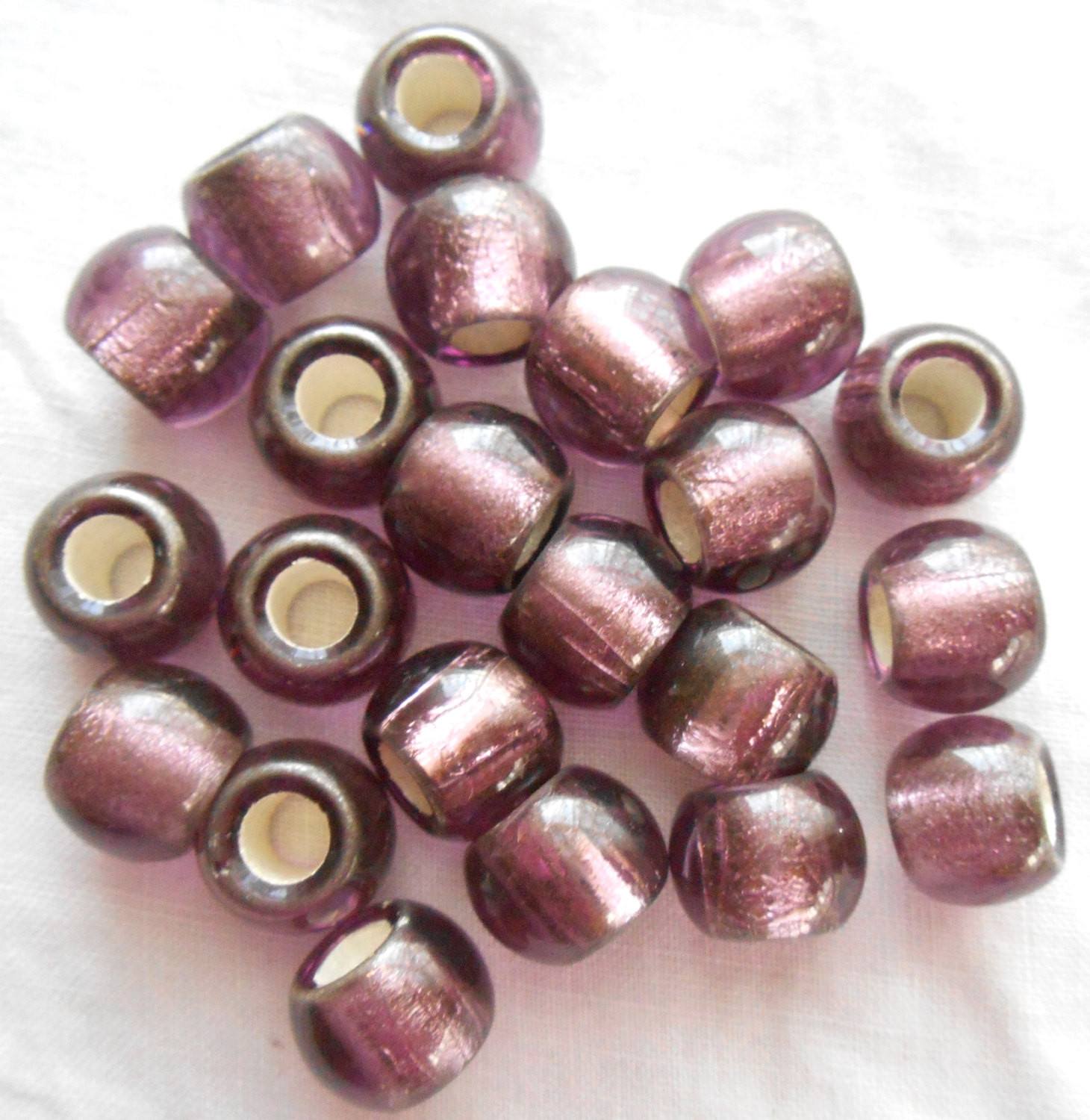 Six Large round 12mm Light Amethyst, silver Lined glass big hole beads, 4.5mm holes, C8406 - Glorious Glass Beads