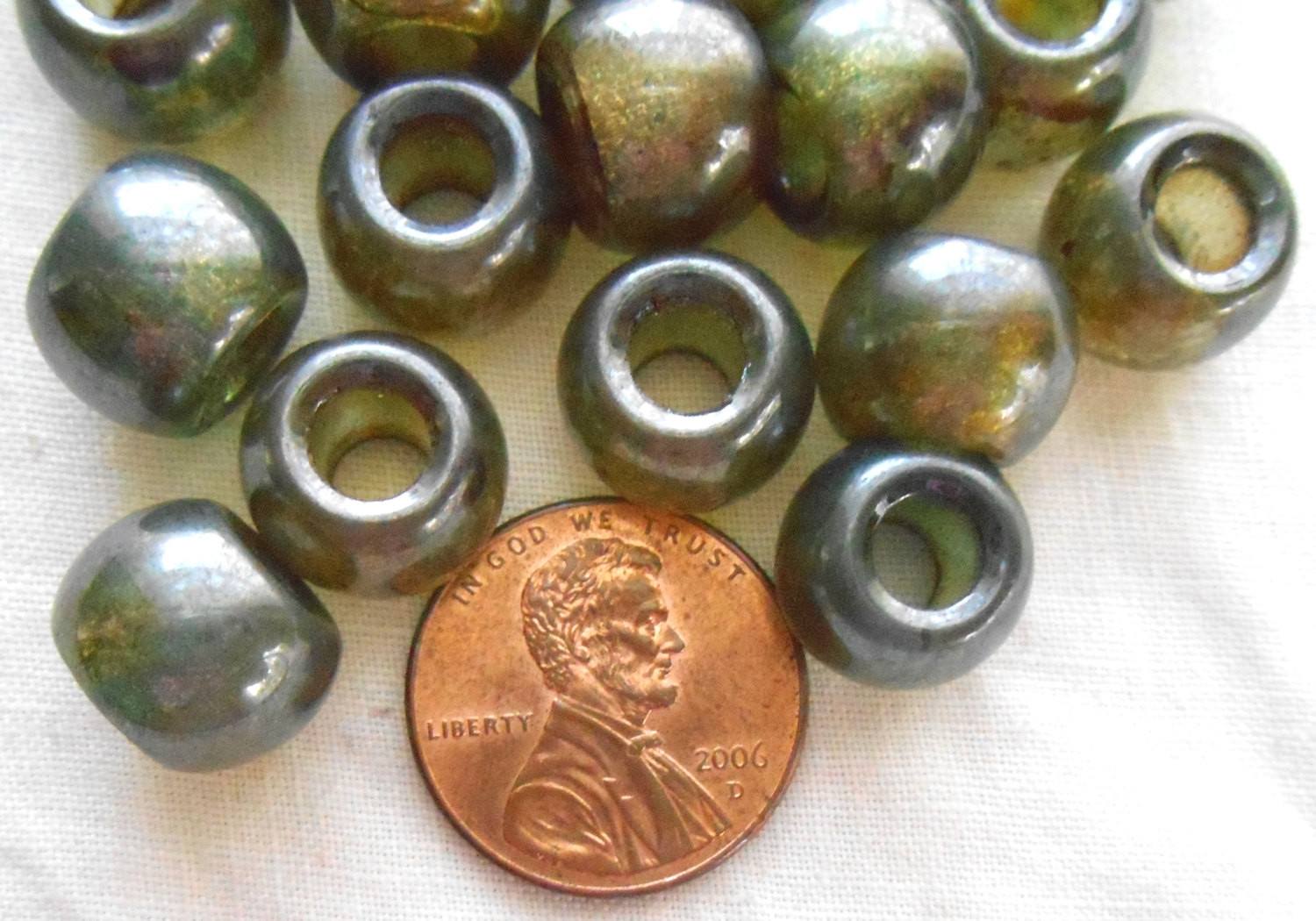 Six lumi Green 12mm rustic glass round beads, big 4.5mm holes, C8406 - Glorious Glass Beads