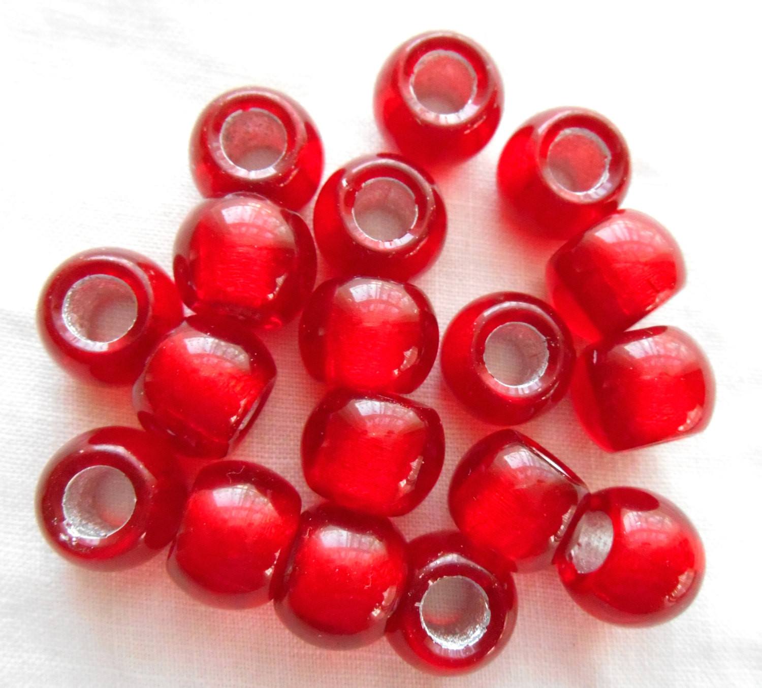 Six Large 12mm Ruby Red Silver Lined glass round big 4.5mm hole beads,  C4801 - Glorious Glass Beads