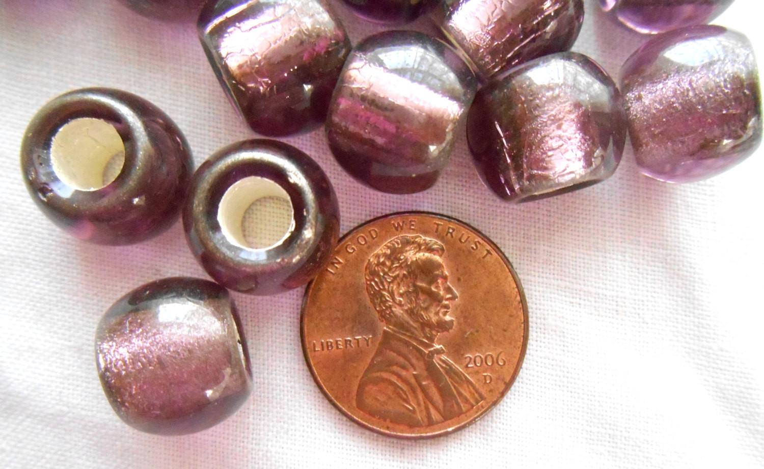 Six Large round 12mm Light Amethyst, silver Lined glass big hole beads, 4.5mm holes, C8406 - Glorious Glass Beads
