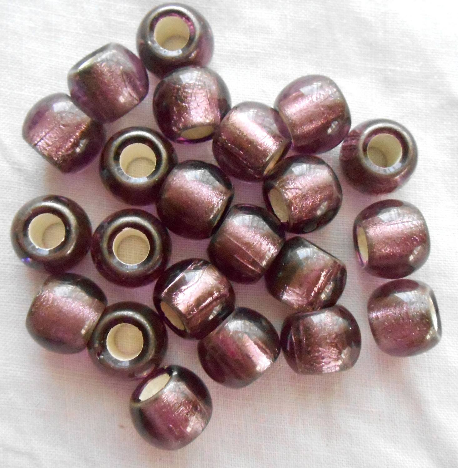Six Large round 12mm Light Amethyst, silver Lined glass big hole beads, 4.5mm holes, C8406 - Glorious Glass Beads