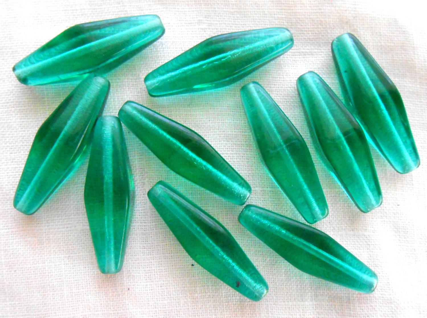 Lot of ten 24 x 9mm Teal Blue Green glass long lantern or tube beads C5701 - Glorious Glass Beads