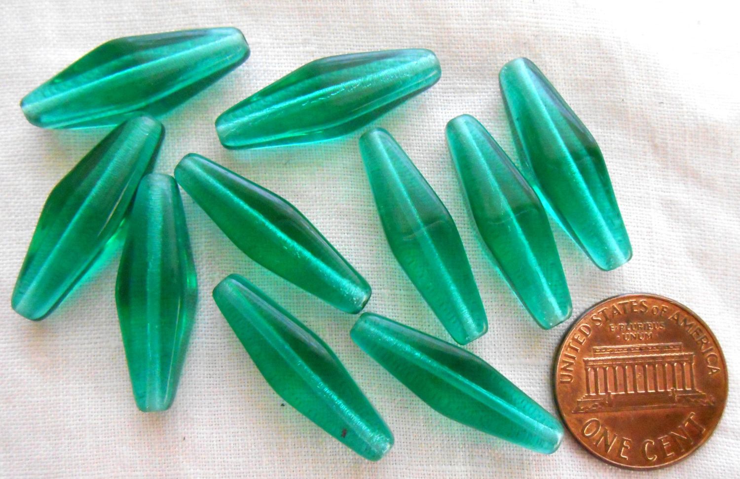 Lot of ten 24 x 9mm Teal Blue Green glass long lantern or tube beads C5701 - Glorious Glass Beads