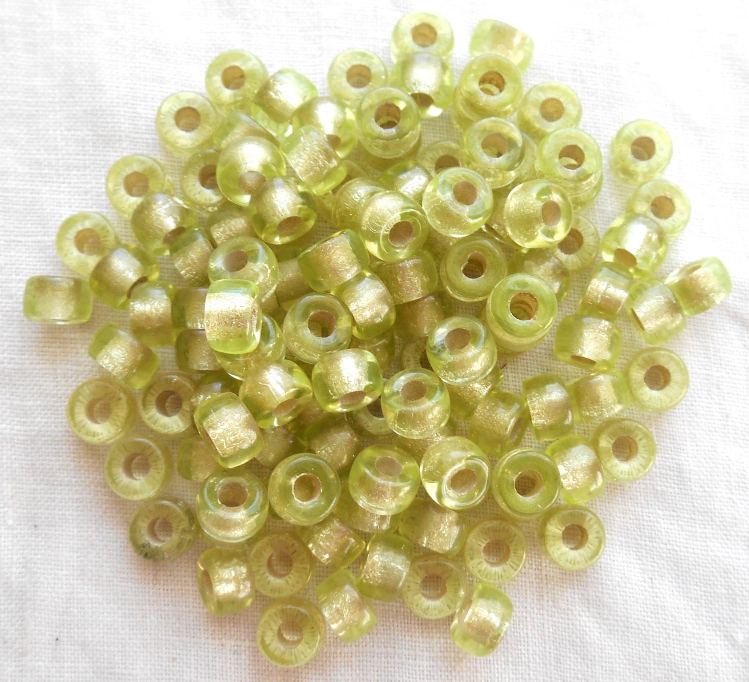 Fifty 6mm Czech Jonquil yellow green silver lined glass pony roller beads, large hole crow beads, C1350 - Glorious Glass Beads