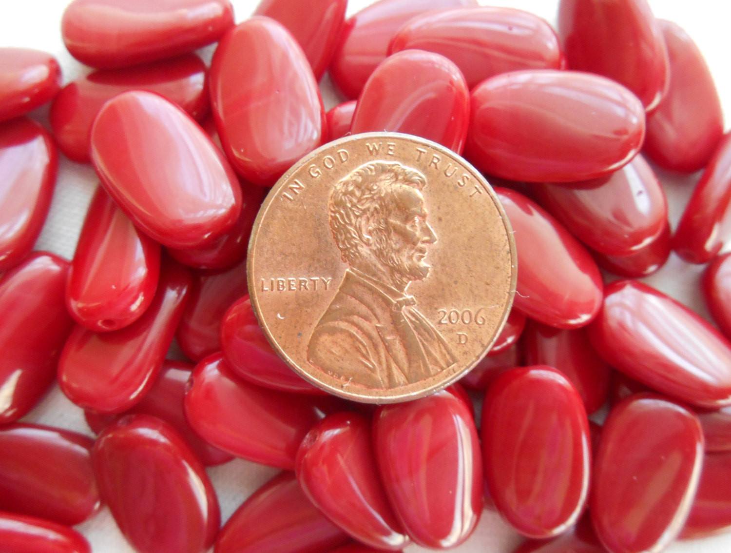 Lot of 25 Blood Red Opaque slightly twisted oval Czech pressed Glass beads, 14mm x 8mm, C3625 - Glorious Glass Beads
