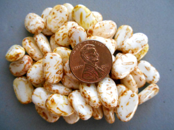 Lot of 25 Butter Pecan White Picasso slightly twisted oval Czech pressed Glass beads, 14mm x 8mm, C3625 - Glorious Glass Beads