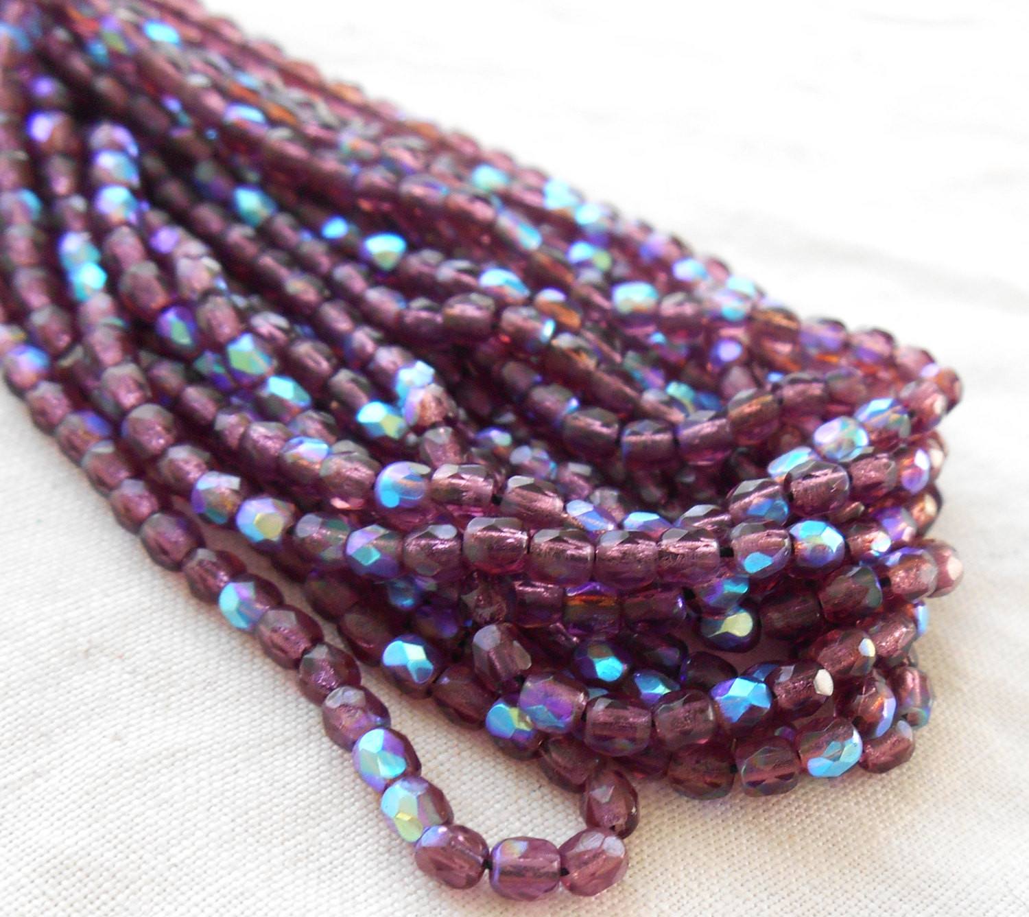 Fifty 3mm Amethyst,  AB Czech glass firepolished faceted round beads, C7450 - Glorious Glass Beads