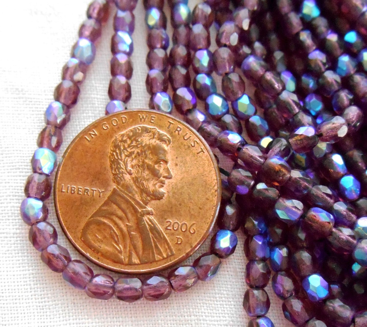 Fifty 3mm Amethyst,  AB Czech glass firepolished faceted round beads, C7450 - Glorious Glass Beads