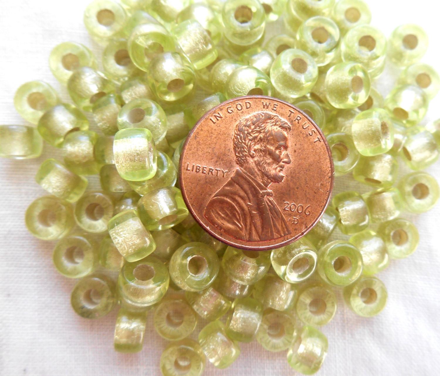 Fifty 6mm Czech Jonquil yellow green silver lined glass pony roller beads, large hole crow beads, C1350 - Glorious Glass Beads