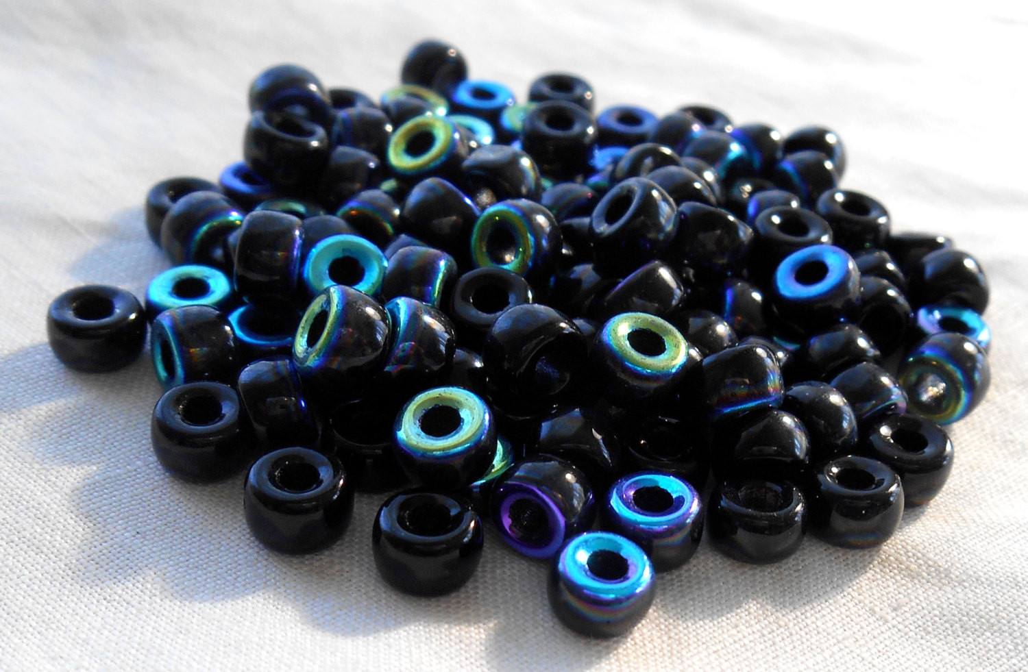 Fifty 6mm Czech Jet Black AB glass pony roller beads, large hole crow beads, C1450 - Glorious Glass Beads