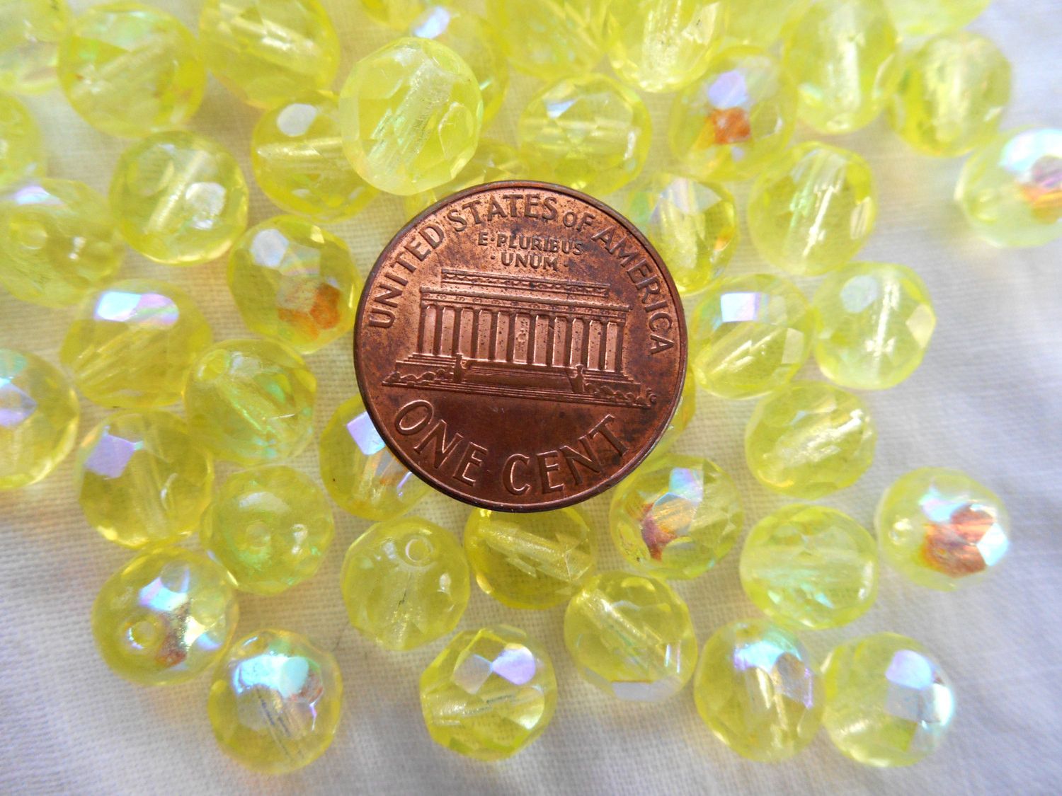 Lot of 25 8mm Jonquil Yellow AB faceted round firepolished glass beads, C7825 - Glorious Glass Beads