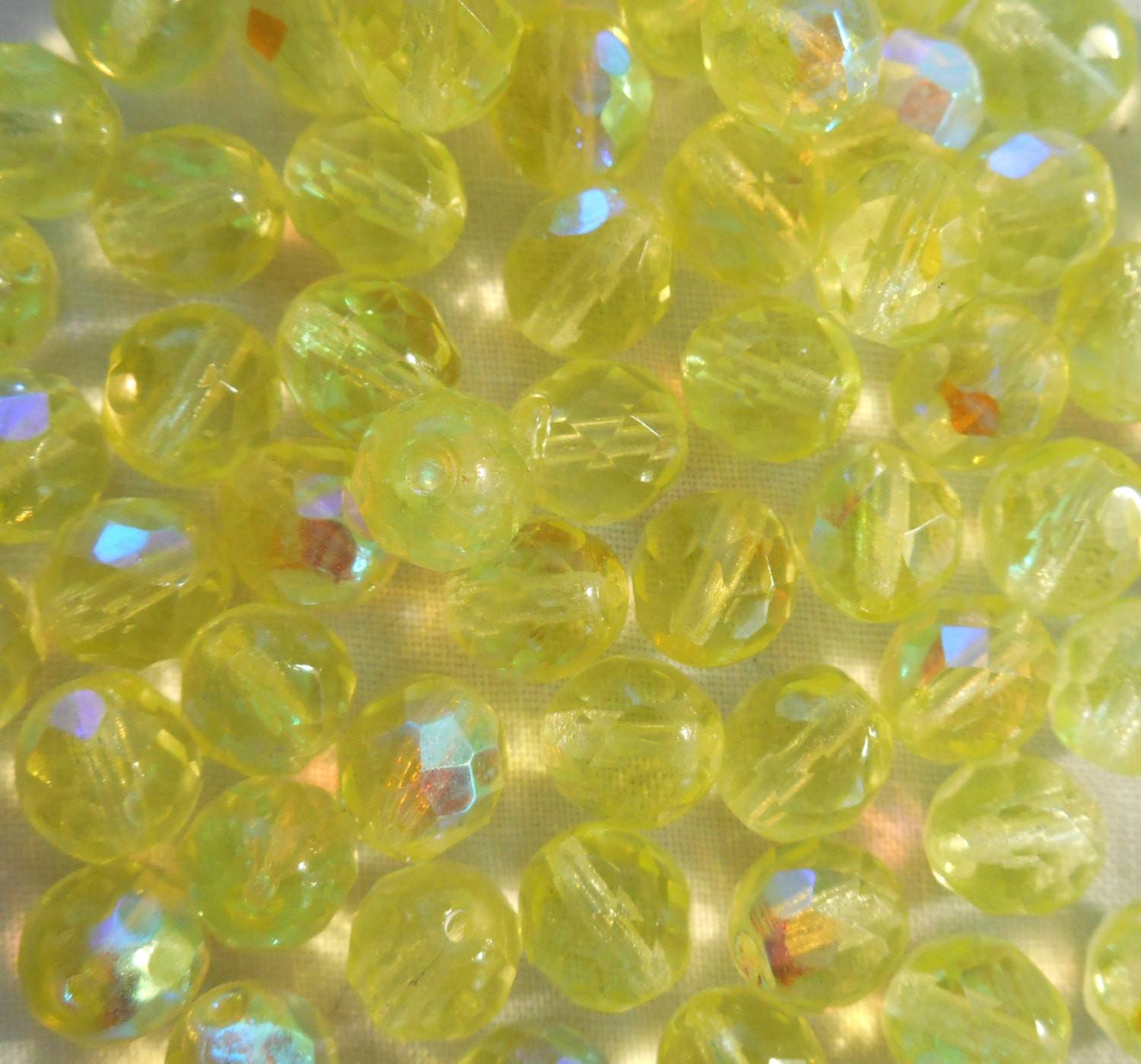 Lot of 25 8mm Jonquil Yellow AB faceted round firepolished glass beads, C7825 - Glorious Glass Beads