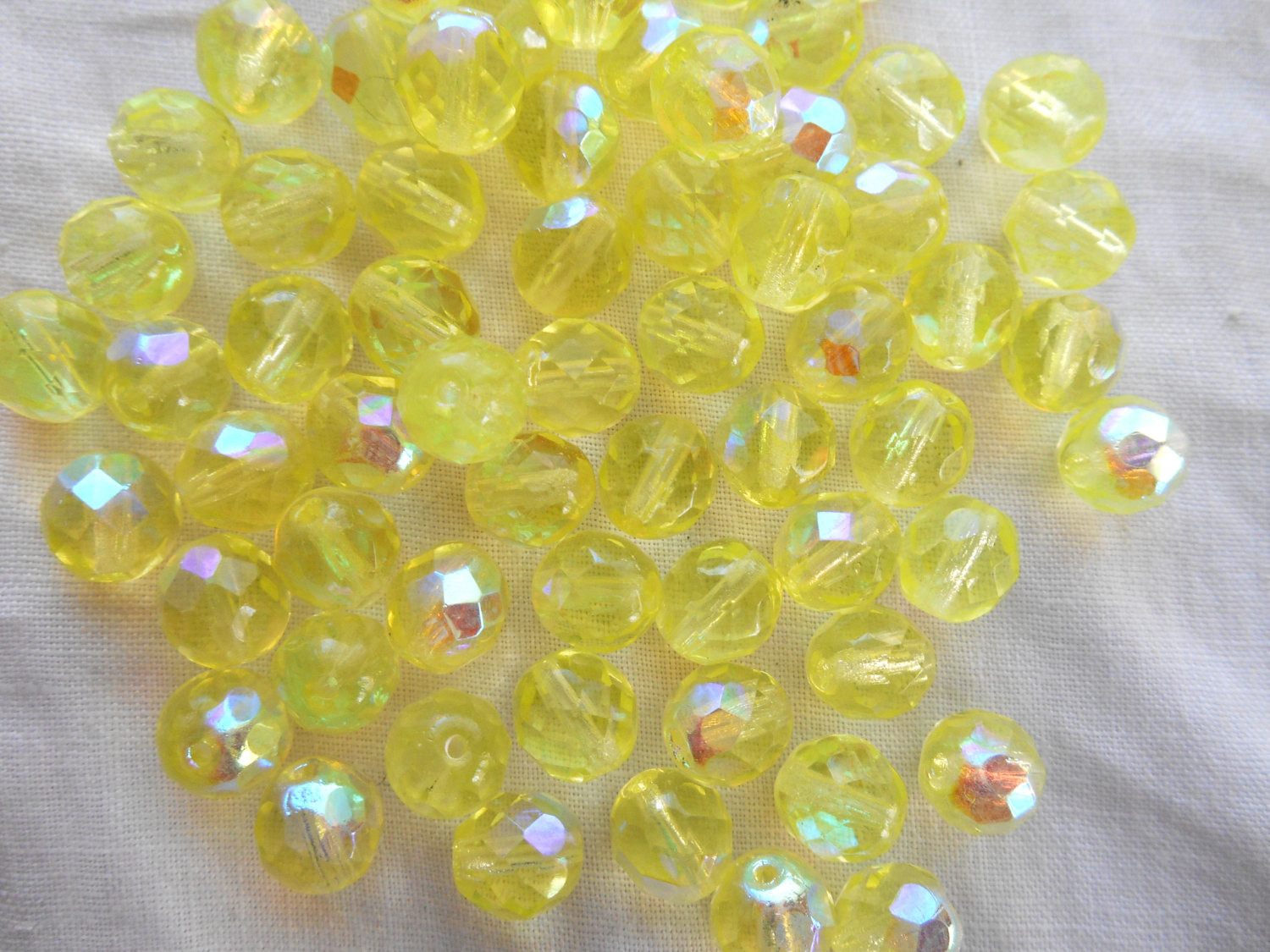 Lot of 25 8mm Jonquil Yellow AB faceted round firepolished glass beads, C7825 - Glorious Glass Beads
