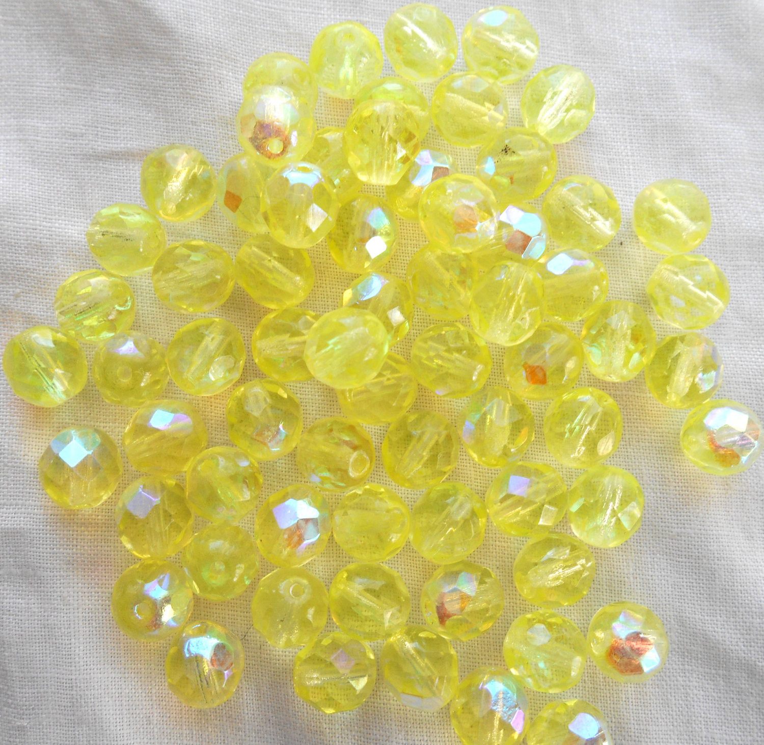 Lot of 25 8mm Jonquil Yellow AB faceted round firepolished glass beads, C7825 - Glorious Glass Beads