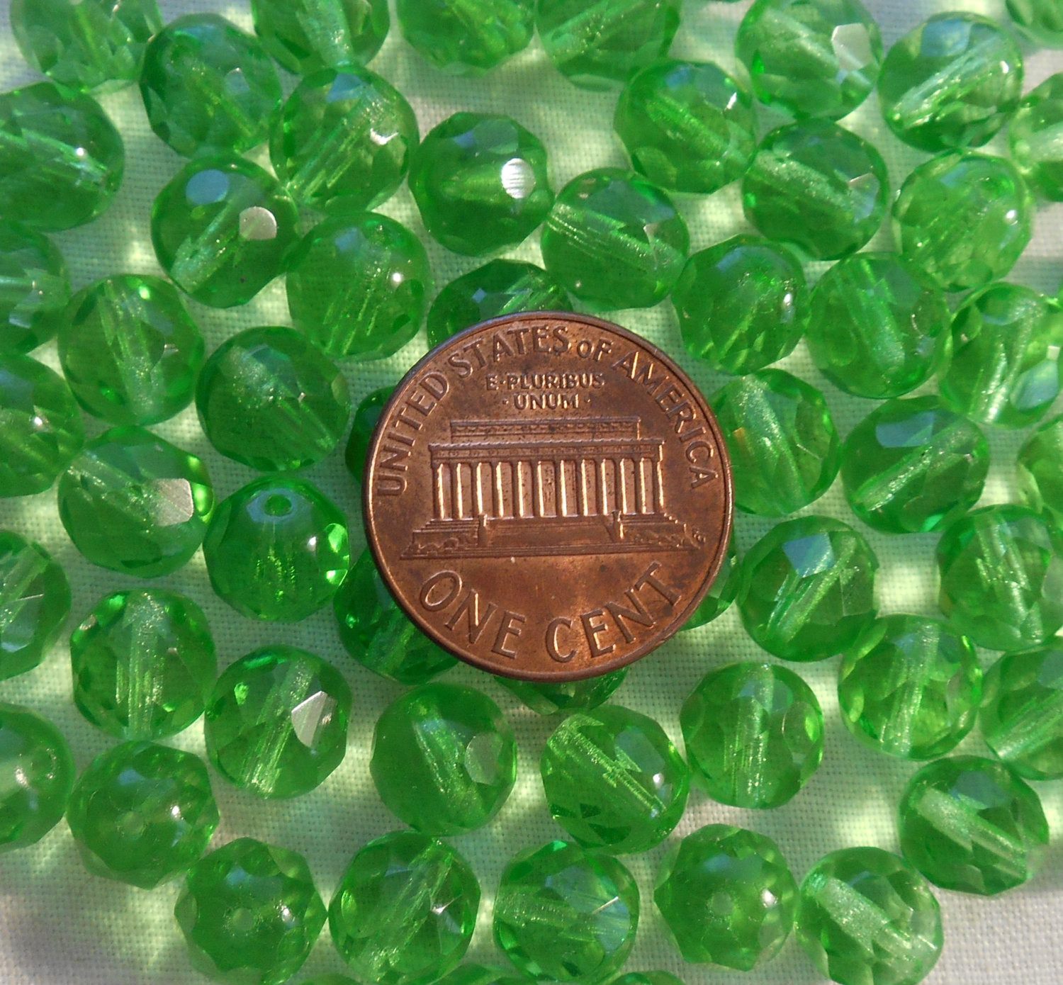 Lot of 25 8mm Mint Green, faceted round firepolished glass beads, C8425 - Glorious Glass Beads