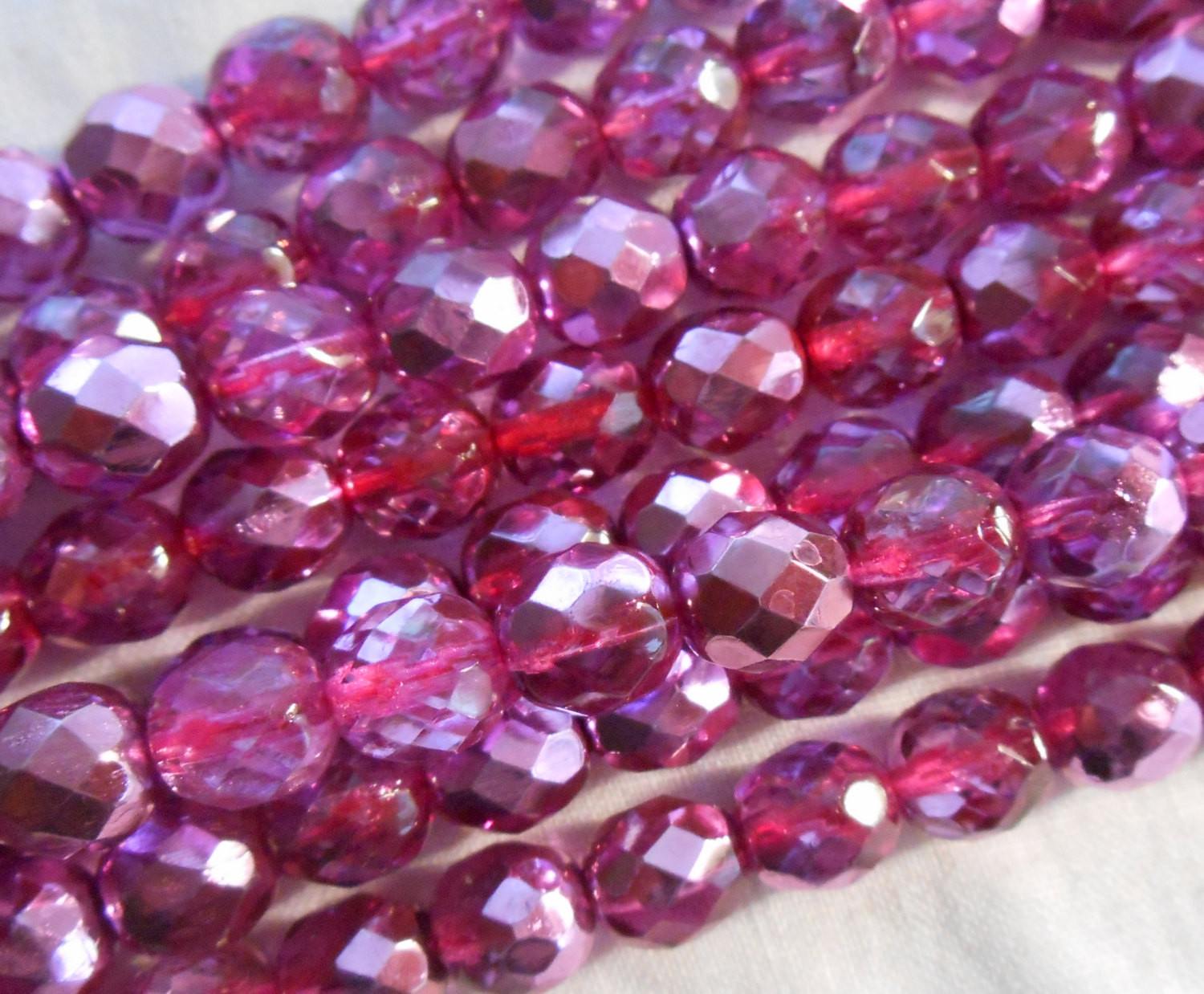 Lot of 25 8mm Pink Rose metallic Ice, faceted round firepolished glass beads, C0825 - Glorious Glass Beads