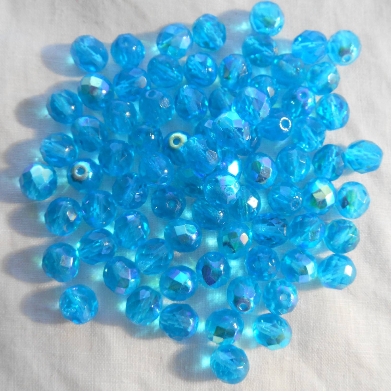 Lot of 25 8mm Aqua AB beads, faceted round firepolished glass beads, C2625 - Glorious Glass Beads