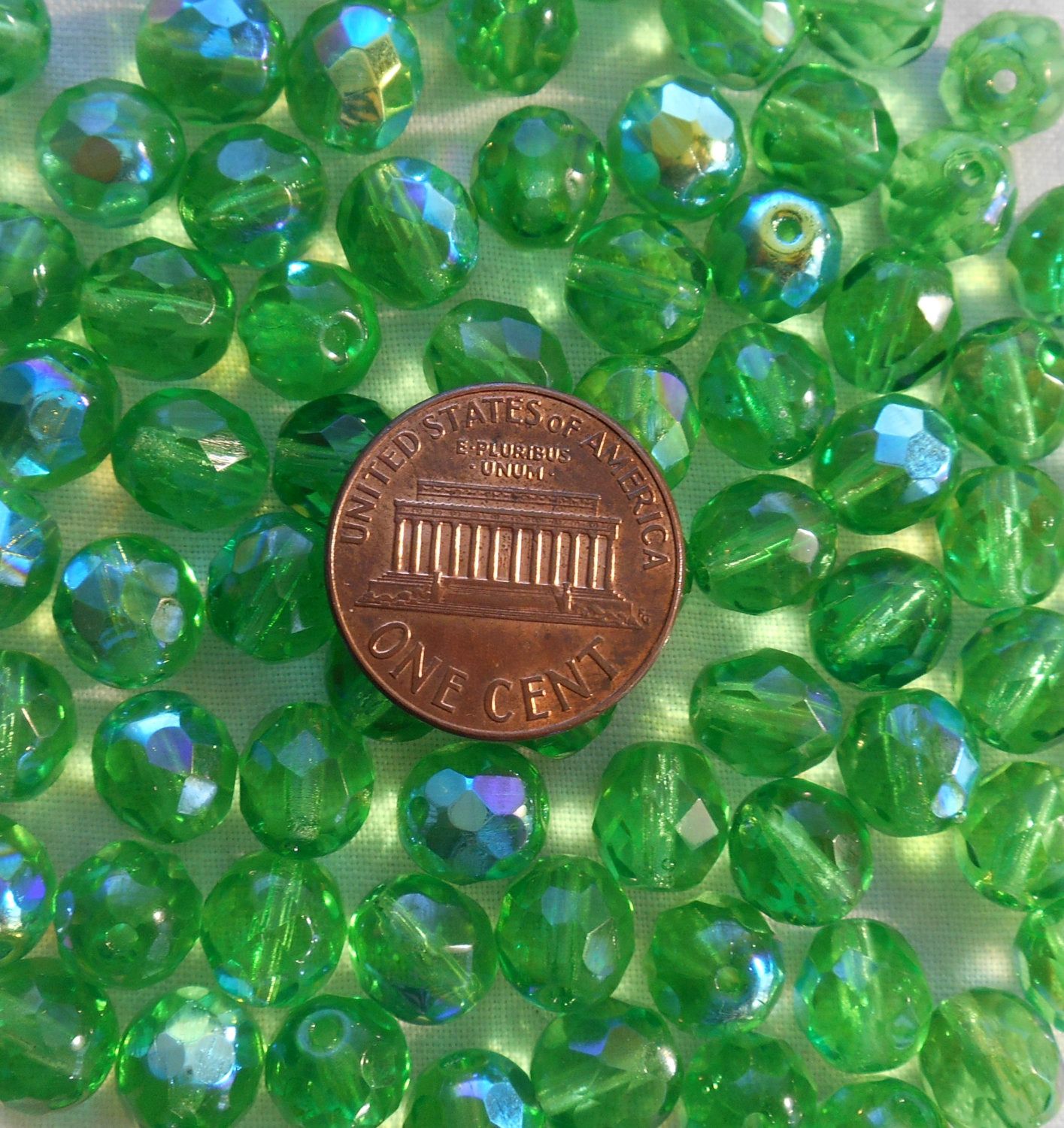 Lot of 25 8mm Mint Green AB, faceted round firepolished glass beads, C2525 - Glorious Glass Beads