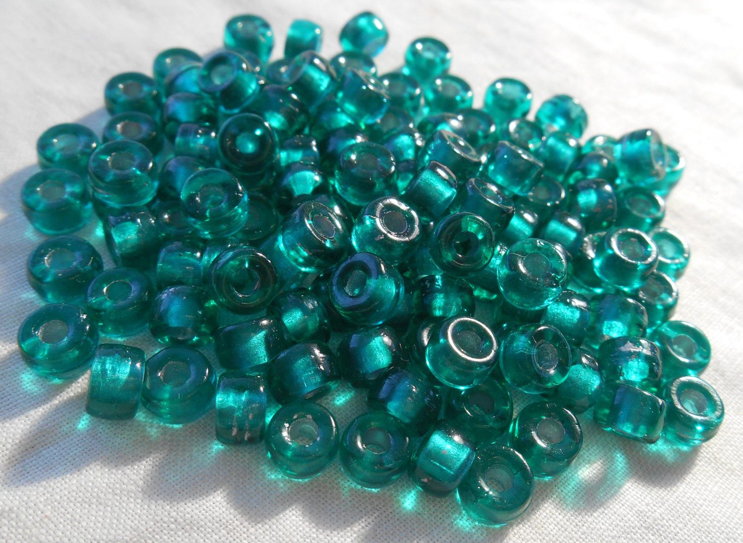 Fifty 6mm Czech Teal, Silver Lined glass pony roller beads, large hole crow beads, C6450 - Glorious Glass Beads