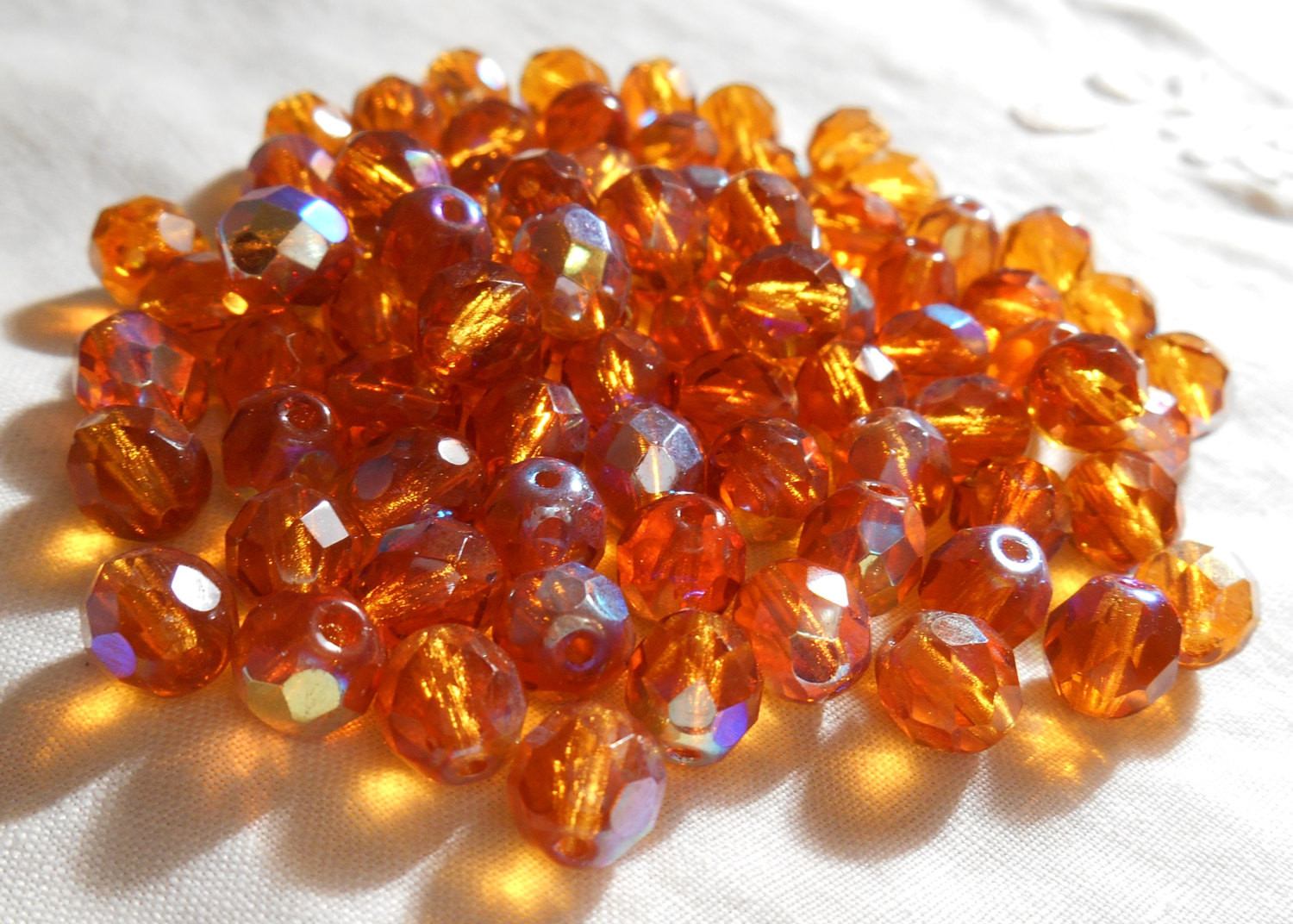 Lot of 25 8mm Topaz, Amber AB, faceted round firepolished glass beads, C5625 - Glorious Glass Beads