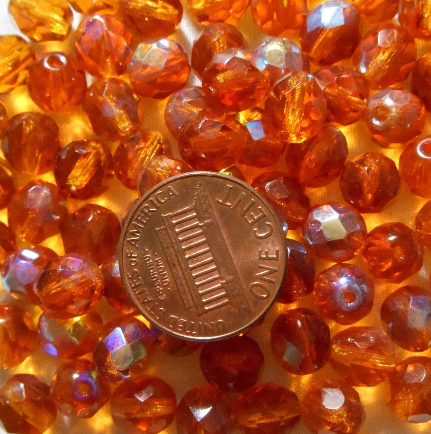Lot of 25 8mm Topaz, Amber AB, faceted round firepolished glass beads, C5625 - Glorious Glass Beads