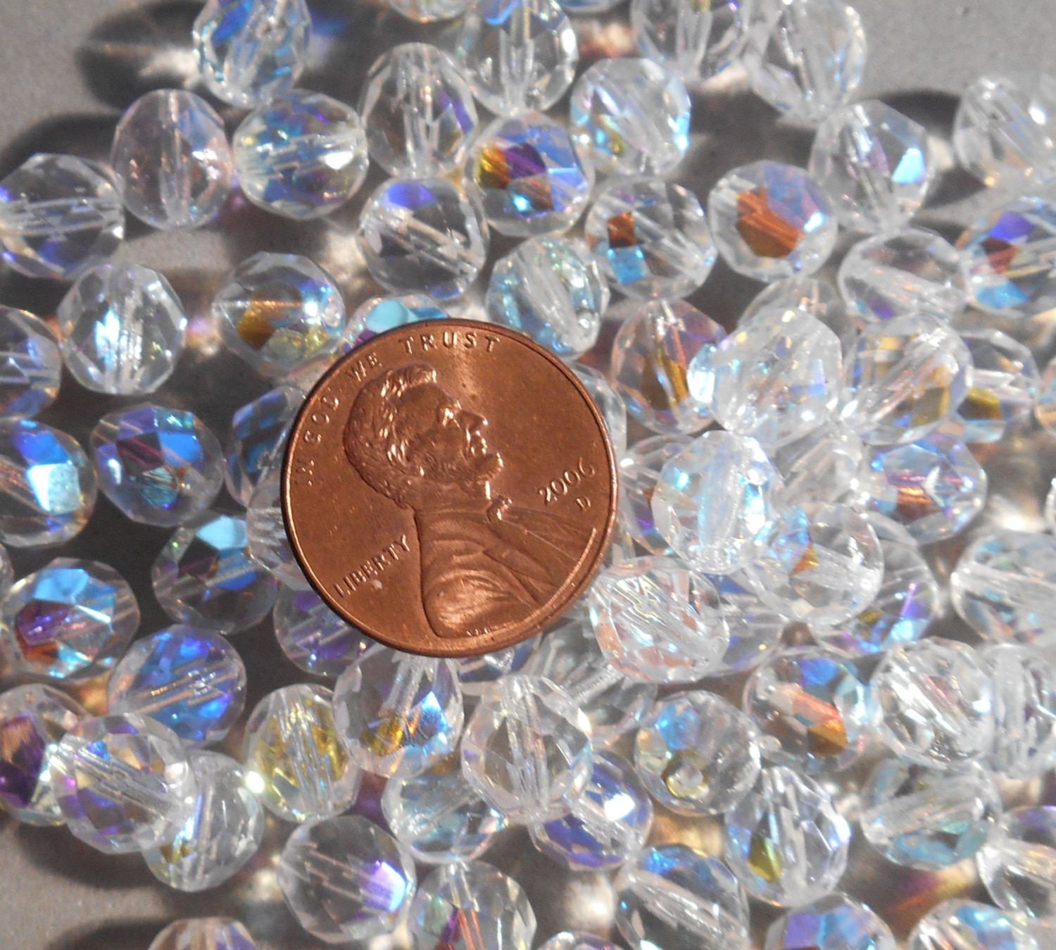 Lot of 25 8mm Crystal AB, faceted round firepolished glass beads, C4625 - Glorious Glass Beads