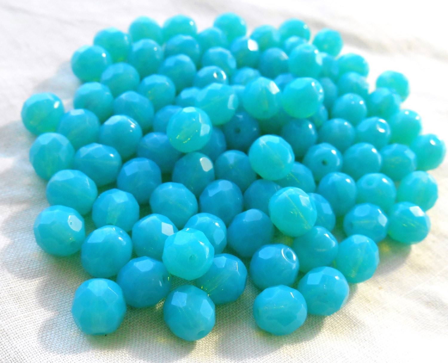 Lot of 25 8mm Czech Caribbean Milky Blue Opaque Opal round faceted firepolished glass beads, C7825 - Glorious Glass Beads