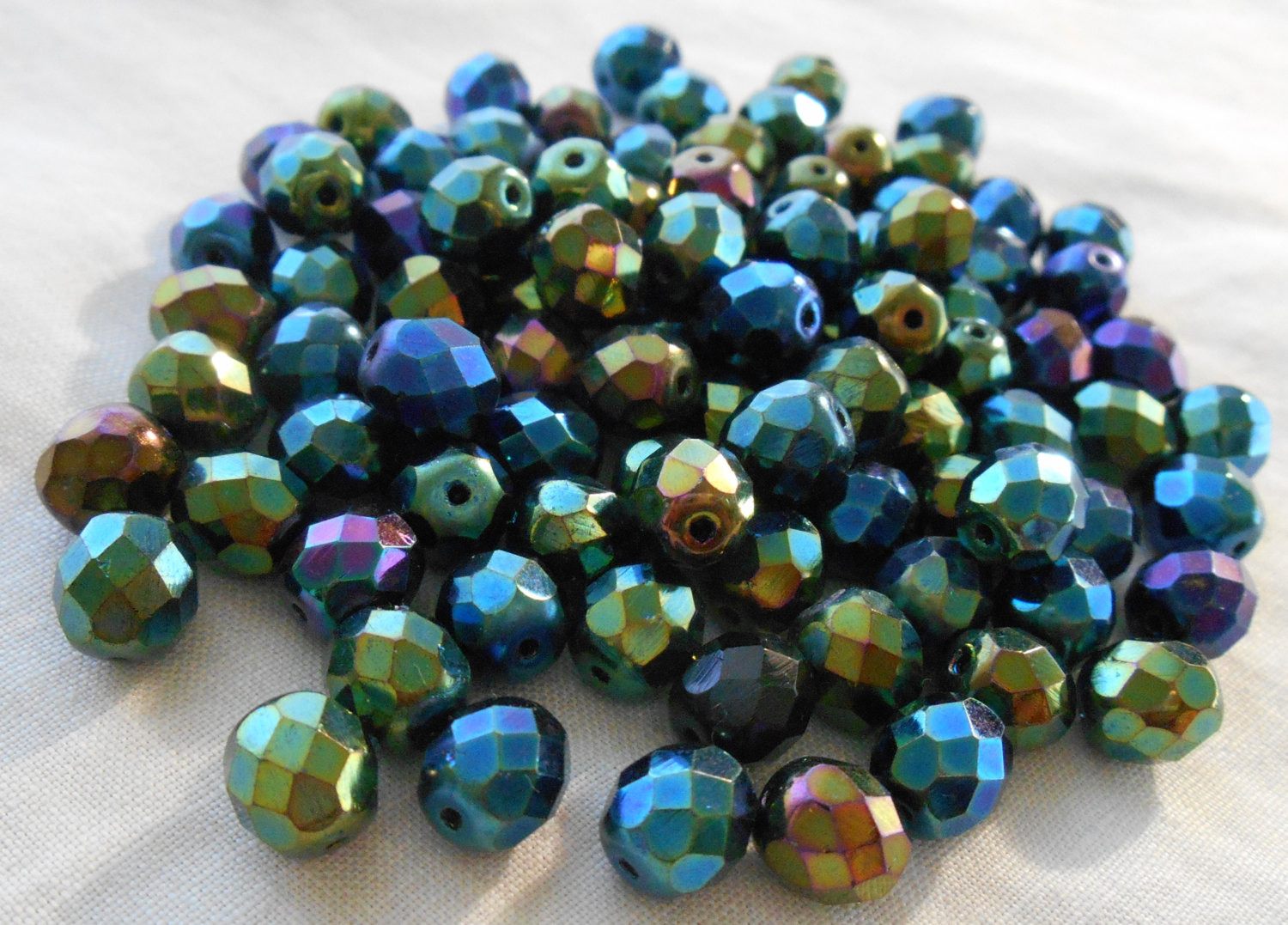 Lot of 25 8mm Green Iris, faceted, round, firepolished glass beads, C2525 - Glorious Glass Beads