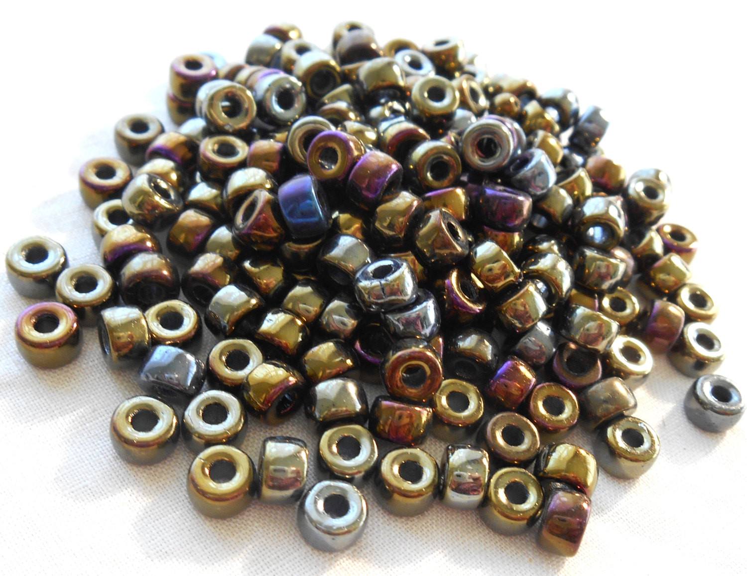 Fifty 6mm Czech Brown Iris glass pony roller beads, large hole crow beads, C7450 - Glorious Glass Beads