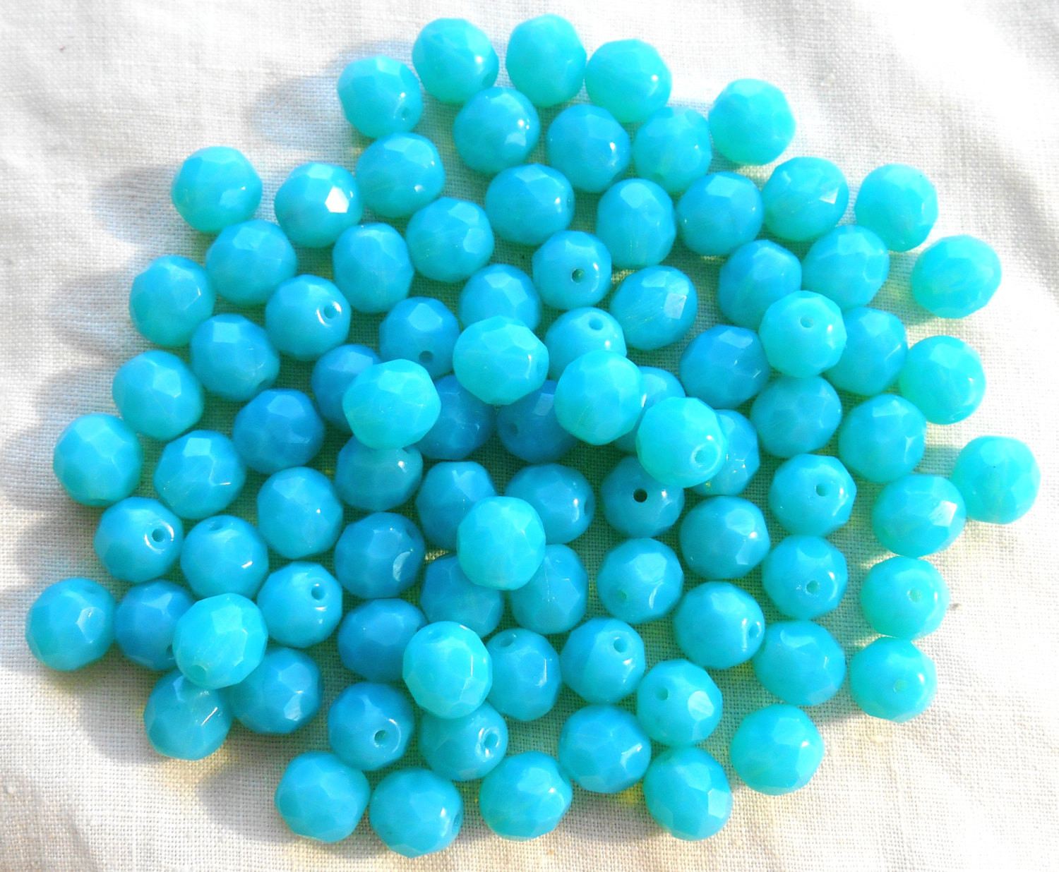 Lot of 25 8mm Czech Caribbean Milky Blue Opaque Opal round faceted firepolished glass beads, C7825 - Glorious Glass Beads